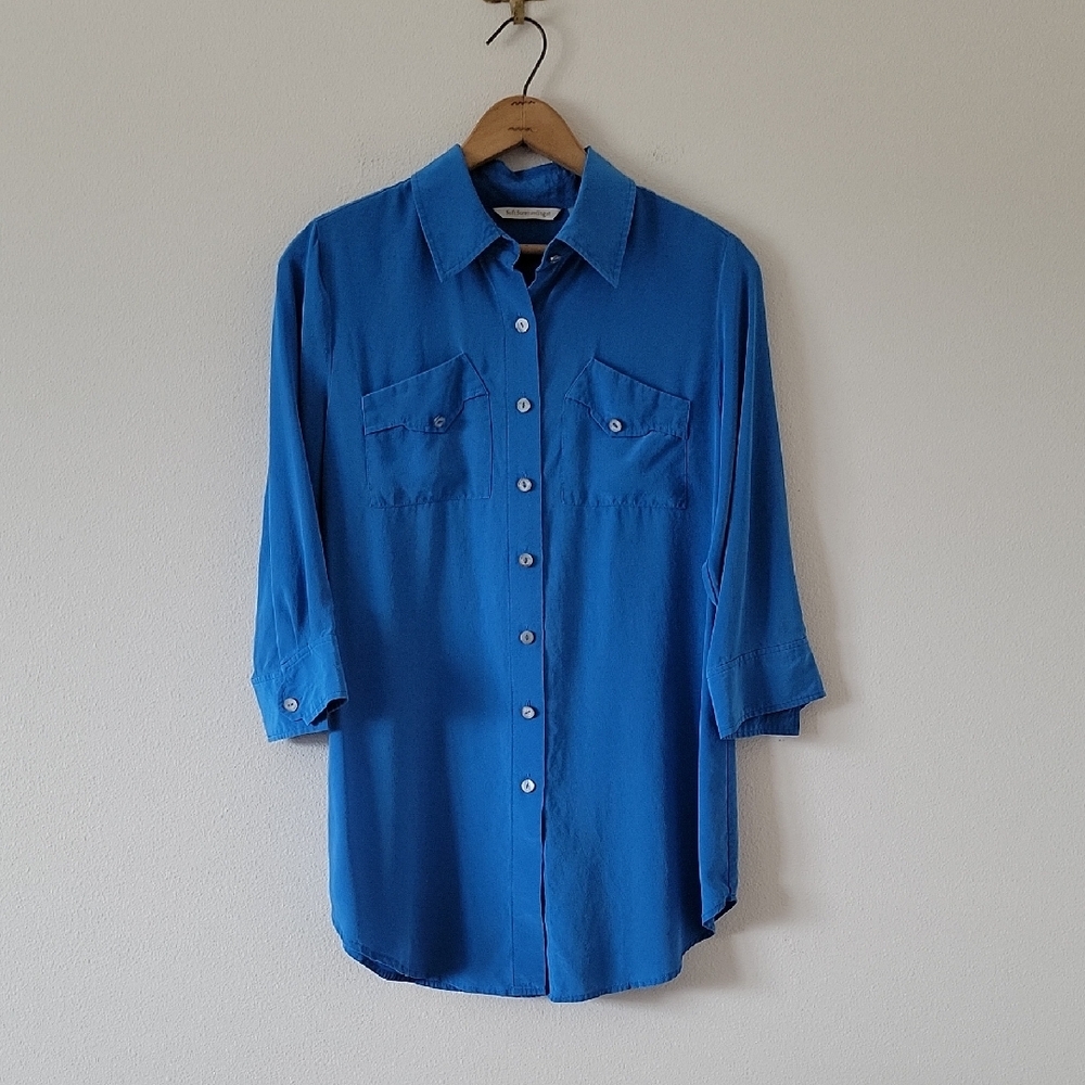 Soft Surroundings Blue Silk 3/4 Sleeve Button Down Size Medium Petite MP
